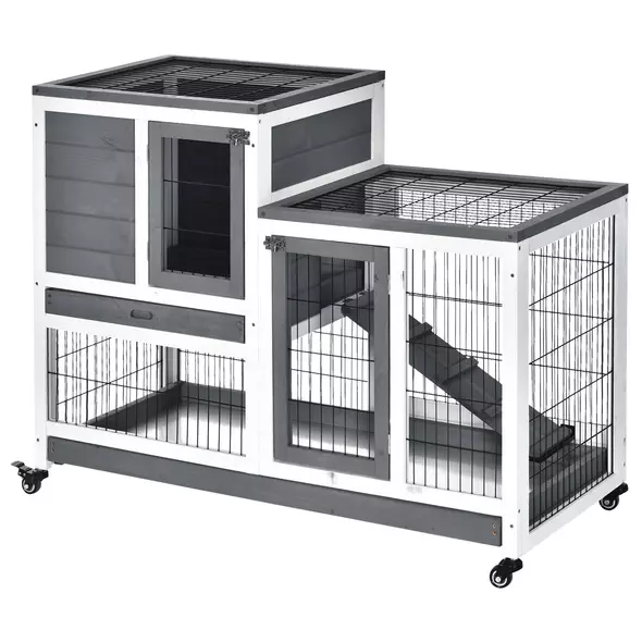 PawHut Small Animals 2-TierFir Wood Guinea Pigs Hutches Indoor Hutch Grey - 1