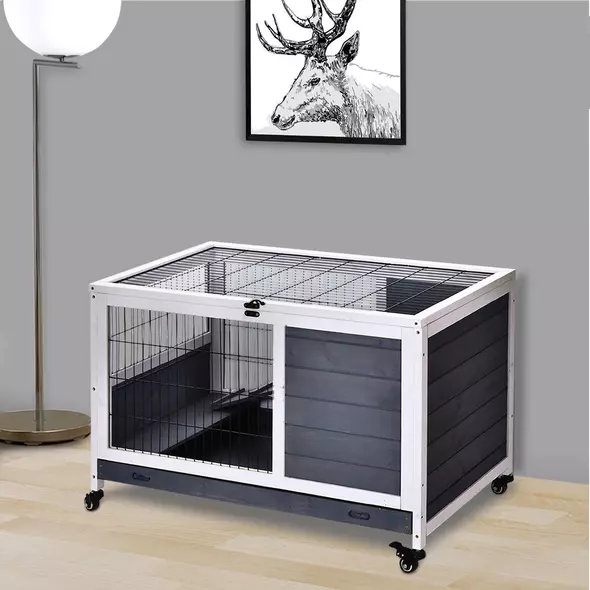 PawHut Rabbits Indoor Fir Wood Lift-Top Hutch Guinea Pigs Hutches-Grey and White - 1