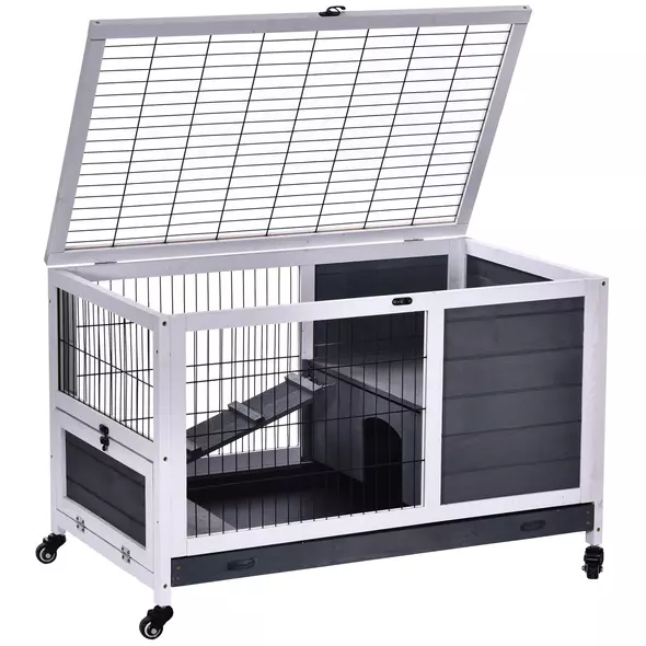 PawHut Rabbits Indoor Fir Wood Lift-Top Hutch Guinea Pigs Hutches-Grey and White - 9