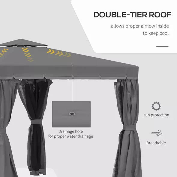Outsunny 3 x 3(m) Patio Gazebo Canopy Garden Pavilion Tent Shelter Marquee with 2 Tier Water Repellent Roof, Mosquito Netting and Curtains, Aluminium Frame, Dark Grey - 4