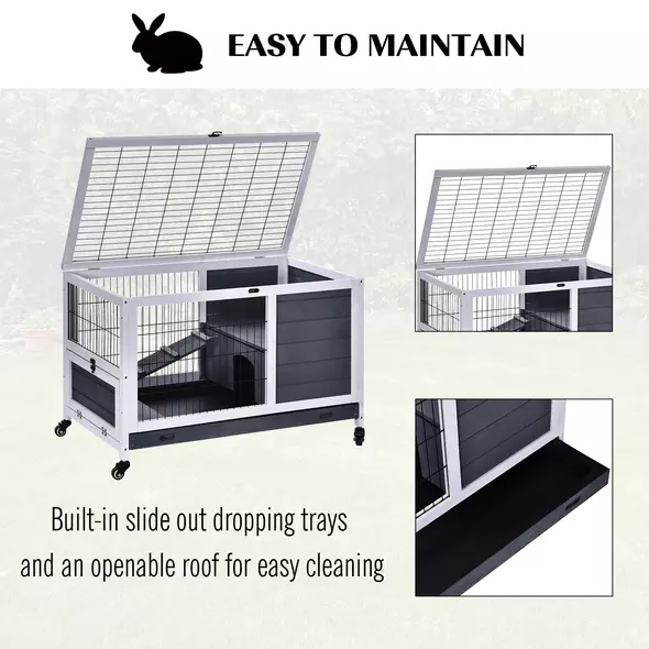 PawHut Rabbits Indoor Fir Wood Lift-Top Hutch Guinea Pigs Hutches-Grey and White - 6