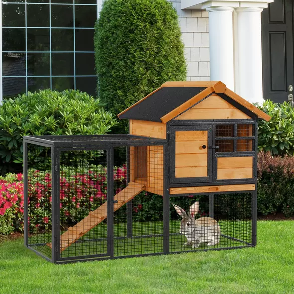 PawHut Wood-metal Guinea Pigs Hutches Elevated Pet Bunny House Rabbit Cage with Slide-Out Tray Outdoor - 1