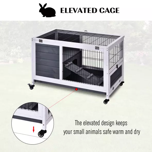 PawHut Rabbits Indoor Fir Wood Lift-Top Hutch Guinea Pigs Hutches-Grey and White - 5