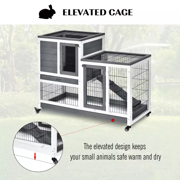 PawHut Small Animals 2-TierFir Wood Guinea Pigs Hutches Indoor Hutch Grey - 5