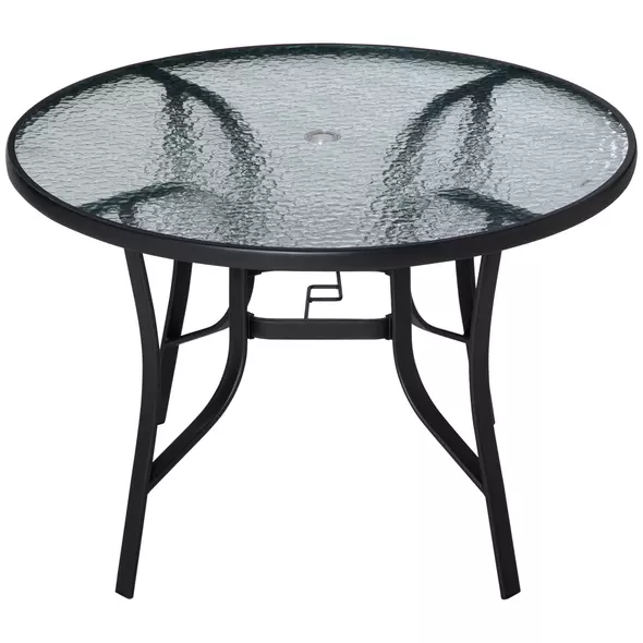 Outsunny 106cm Round Garden Dining Table with Parasol Hole Tempered Glass Top Steel Frame - 1