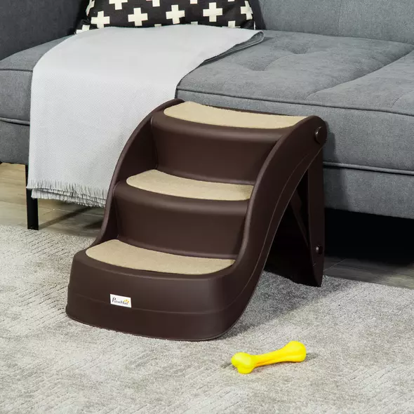 PawHut Foldable Dog Steps for Bed Sofa, Portable Dog Stairs 3-Step for High Bed, Pet Stairs with Non-slip Mats for Small and Miniature Breeds, 49 x 38 x 38 cm, Brown - 2