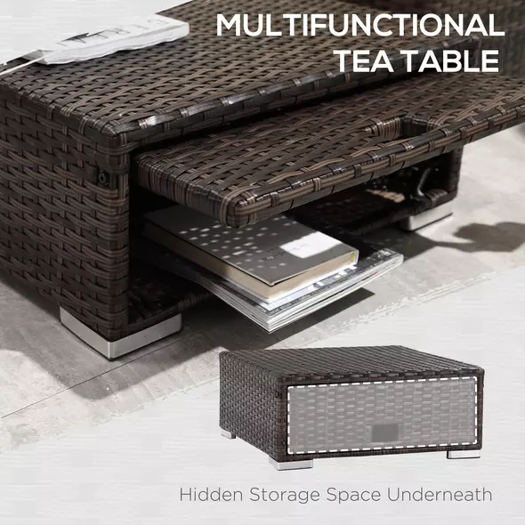 Outsunny 3 Pieces Rattan Garden Furniture Sofa Set, 4 Seater Garden Corner Sofa with 5-Level Reclining Sun Lounger and Storage Coffee Table, Outdoor Furniture Conservatory Set with Cushions, Brown - 7