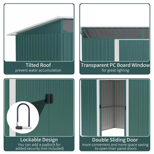Outsunny 8.5 x 6ft Metal Shed with Lightsky Panels, Garden Storage Tool House with Double Doors for Garden, Patio and Lawn, Green - 4
