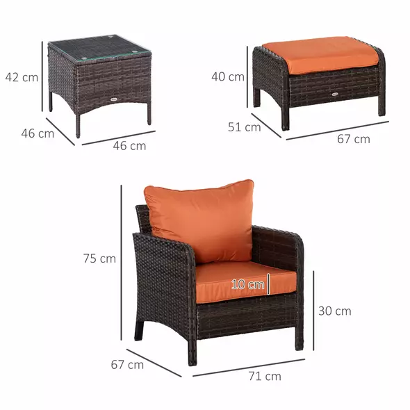 Outsunny 5 Pieces PE Rattan Garden Furniture Set with 10cm Thick Padded Cushions, Wicker Weave Outdoor Seating Chairs with 2 Armchairs, 2 Stools, Glass Top Table, Brown - 3