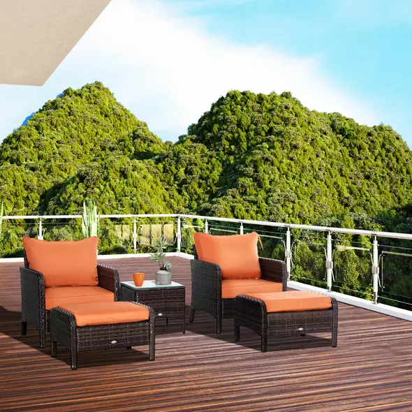 Outsunny 5 Pieces PE Rattan Garden Furniture Set with 10cm Thick Padded Cushions, Wicker Weave Outdoor Seating Chairs with 2 Armchairs, 2 Stools, Glass Top Table, Brown - 2
