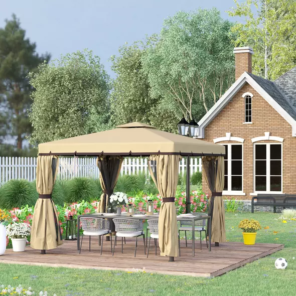 Outsunny 3 x 3(m) Patio Gazebo Canopy Garden Pavilion Tent Shelter with 2 Tier Water Repellent Roof, Mosquito Netting and Curtains, Aluminium Frame, Beige - 9