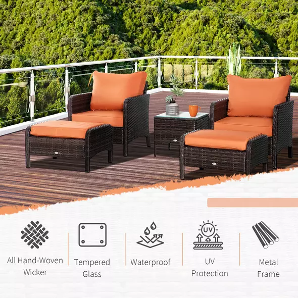 Outsunny 5 Pieces PE Rattan Garden Furniture Set with 10cm Thick Padded Cushions, Wicker Weave Outdoor Seating Chairs with 2 Armchairs, 2 Stools, Glass Top Table, Brown - 4