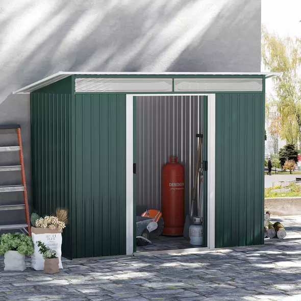 Outsunny 8.5 x 4ft Metal Shed with Lightsky Panels, Garden Storage Tool House with Double Doors for Garden, Patio and Lawn, Green - 2