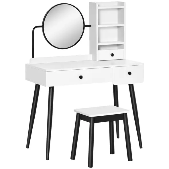 HOMCOM Dressing Table Set with Mirror and Stool, Vanity Makeup Table with 3 Drawers and Open Shelves for Bedroom, Living Room, White - 1