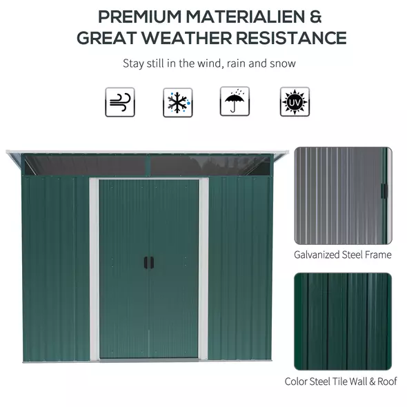 Outsunny 8.5 x 6ft Metal Shed with Lightsky Panels, Garden Storage Tool House with Double Doors for Garden, Patio and Lawn, Green - 6